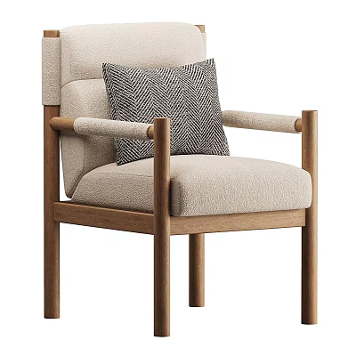 Stylish Single Sofa With Wooden Frame And Beige Fabric Upholstery Featuring Gray Accent Pillow 3d model