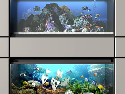 Aquarium Fish Tank With Corals Rocks Colorful Fish Model Sailboat And Aquatic Plants 3d model