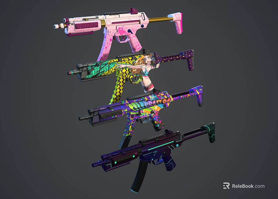 Colorful Decorated Weapons Featuring Vibrant Patterns And Various Styles 3d model 