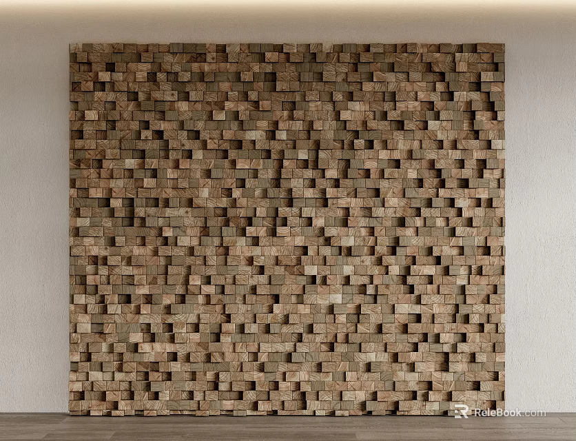 Brown Wooden Block Wall With Textured Decorative Panel For Interior Design 3d model