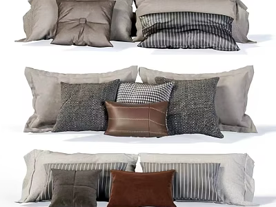 Various Textured Decorative Throw Pillows in Neutral Tones with Striped and Checkered Patterns 3d model