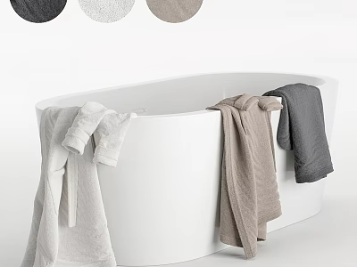 Elegant Modern White Bathtub With White Gray And Beige Towels Hanging 3d model