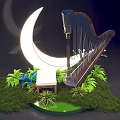 Magical Photo Check-in Spot With Crescent Moon Harp Green Foliage And Glowing Platform