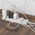 Messy Scene of Switch Panel with Tangled Wires Against White Marble Wall and Wooden Floor