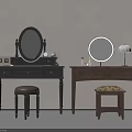 Black And Brown Dressing Tables With Oval Round Mirrors And Stools Interior 3d model
