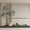 Indoor Landscape With Lattice Screen Leafy Tree Glowing Sphere And Decorative Stones