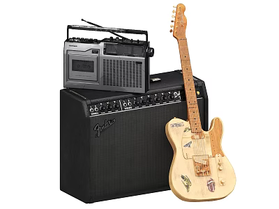 Vintage Musical Instruments Collection Featuring Wooden Guitar Fender Amplifier and Radio Cassette Player 3d model