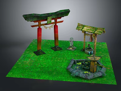 Traditional Japanese Garden With Torii Gate Wooden Shrine Stone Lantern Water Basin And Green Grass 3d model
