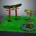 Traditional Japanese Garden With Torii Gate Wooden Shrine Stone Lantern Water Basin And Green Grass
