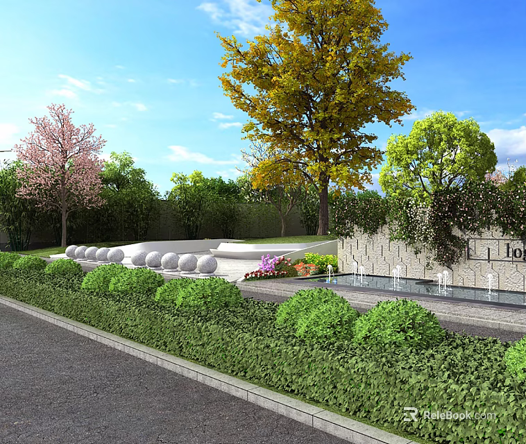 Greenery Covered Stone Building Exterior Wall With Surrounding Landscape Trees Lawn And Decorative Balls 3d model 