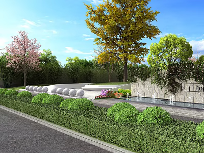 Greenery Covered Stone Building Exterior Wall With Surrounding Landscape Trees Lawn And Decorative Balls 3d model