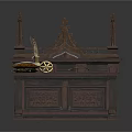 Classic Dark Brown Carved Wooden Cabinet With Ornate Top And Decorative Items