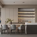 Modern Restaurant Open Kitchen Design With Dining Table Chairs Cabinets And Shelves