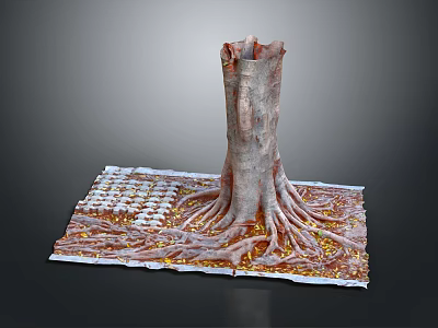 3D Wooden Tree Trunk with Stone Base Exposed Roots and Golden Accents 3d model