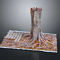 3D Wooden Tree Trunk with Stone Base Exposed Roots and Golden Accents