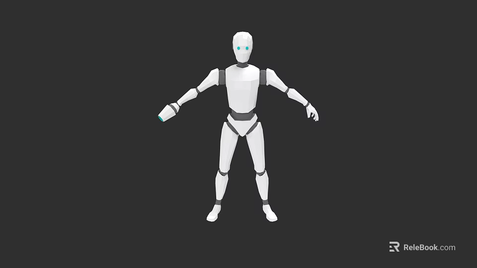 White Humanoid Robot With Blue Eyes And Outstretched Limbs Against Black Background 3d model 