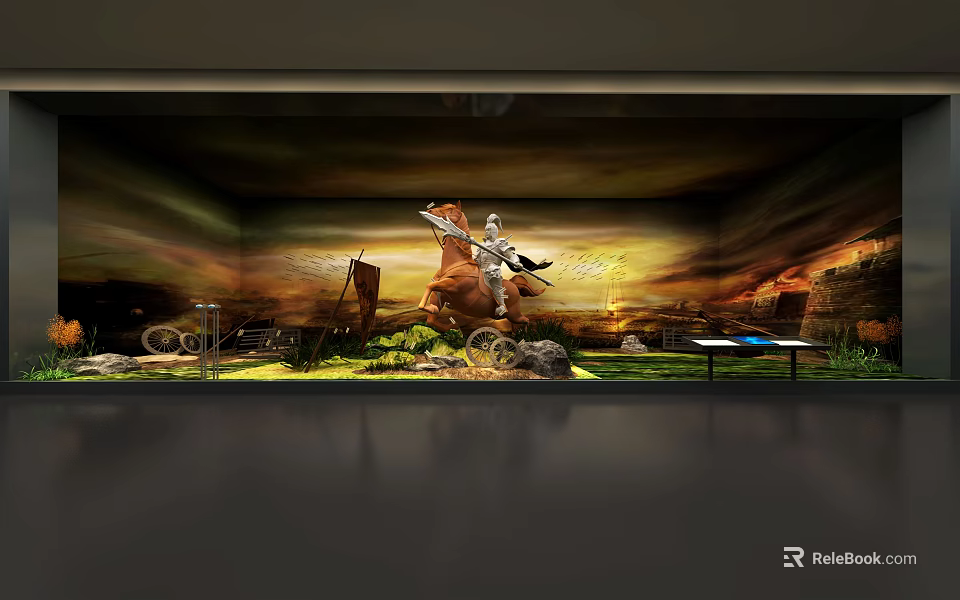 Prehistoric Dinosaur Skeleton Museum Exhibit With Natural Landscape Background And Display Platform 3d model 
