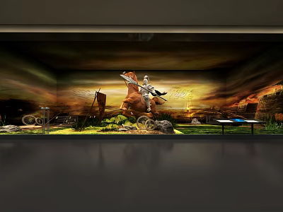 Prehistoric Dinosaur Skeleton Museum Exhibit With Natural Landscape Background And Display Platform 3d model