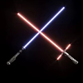 Crossed Blue And Red Illuminated Lightsabers With Metallic Hilts On Black Background