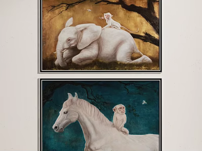 Animal Paintings with White Elephant and Horse Featuring Little Monkey on Back and Tree Birds 3d model