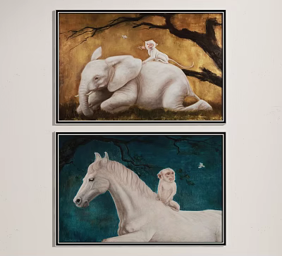 Animal Paintings with White Elephant and Horse Featuring Little Monkey on Back and Tree Birds 3d model