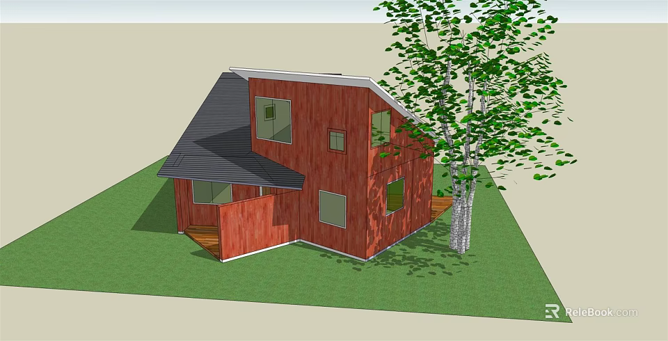 Single Family Home With Red Wooden Exterior Black Roof Near Large Tree And Green Lawn 3d model 