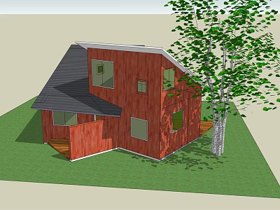 Single Family Home With Red Wooden Exterior Black Roof Near Large Tree And Green Lawn 3d model