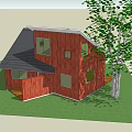 Single Family Home With Red Wooden Exterior Black Roof Near Large Tree And Green Lawn