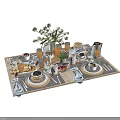 Elegant Tableware Collection With Tulips Jam Jar Juice Glasses Fresh Fruits Desserts And Linen Napkins