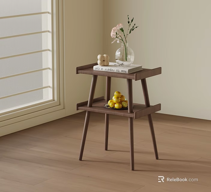 Wooden Two Tier Side Table With Vase Books And Fruits By Window 3d model 