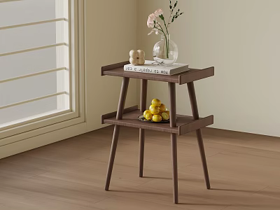 Wooden Two Tier Side Table With Vase Books And Fruits By Window 3d model