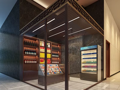 Modern Tobacco And Alcohol Store Interior With Wine Bottles And Cigarette Displays 3d model