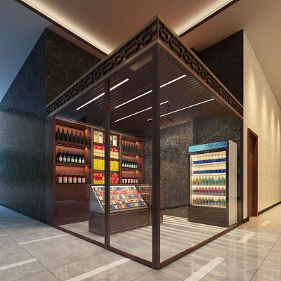 Modern Tobacco And Alcohol Store Interior With Wine Bottles And Cigarette Displays 3d model
