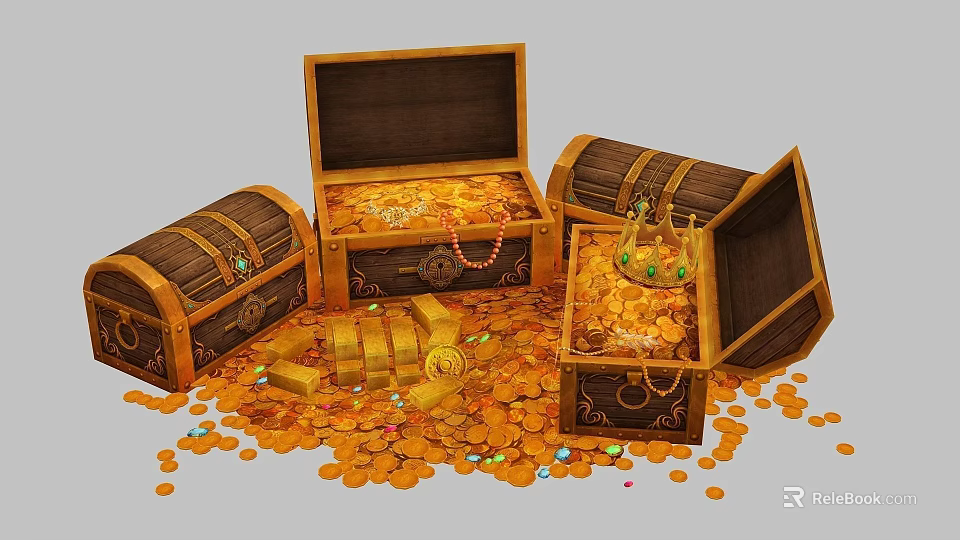 Open Treasure Chests Filled With Gold Coins Bars And Jewelry Scattered Around Them 3d model 