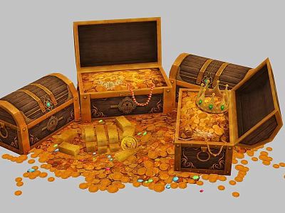 Open Treasure Chests Filled With Gold Coins Bars And Jewelry Scattered Around Them 3d model