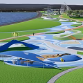 Park Landscape with Waterfront Green Lawns Pathways and Colorful Circular Areas with Shade Structures