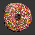 Pink Frosted Donut With Colorful Sprinkles On Black Background With Reflection