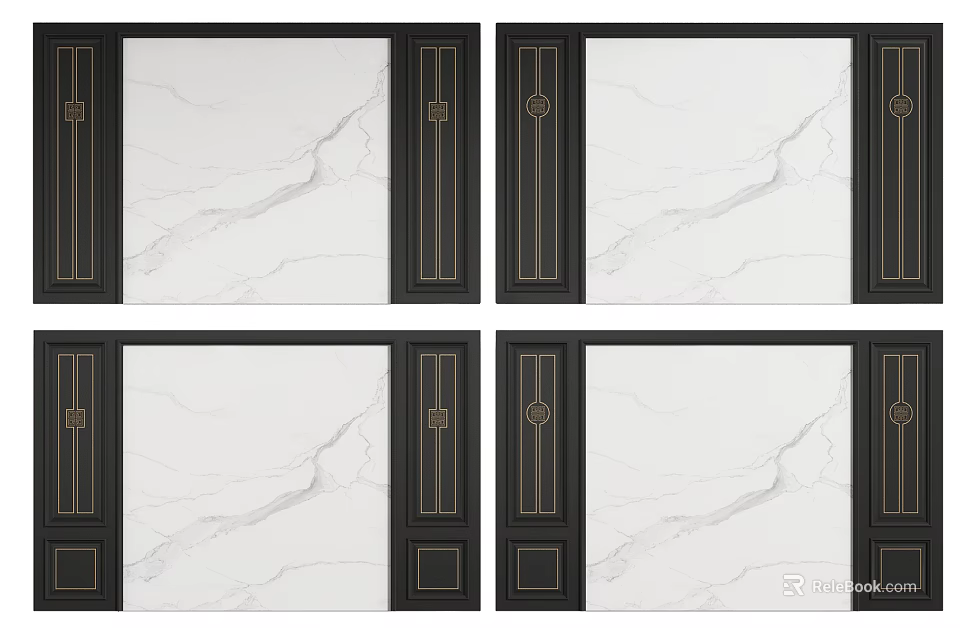 Elegant Background Wall With Marble Texture Black Frames And Golden Decorations 3d model