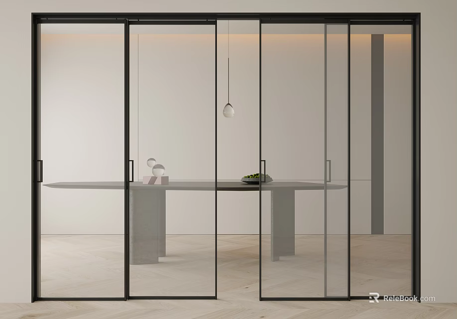 Modern Glass Sliding Doors with Black Frame in Sleek Contemporary Interior 3d model 
