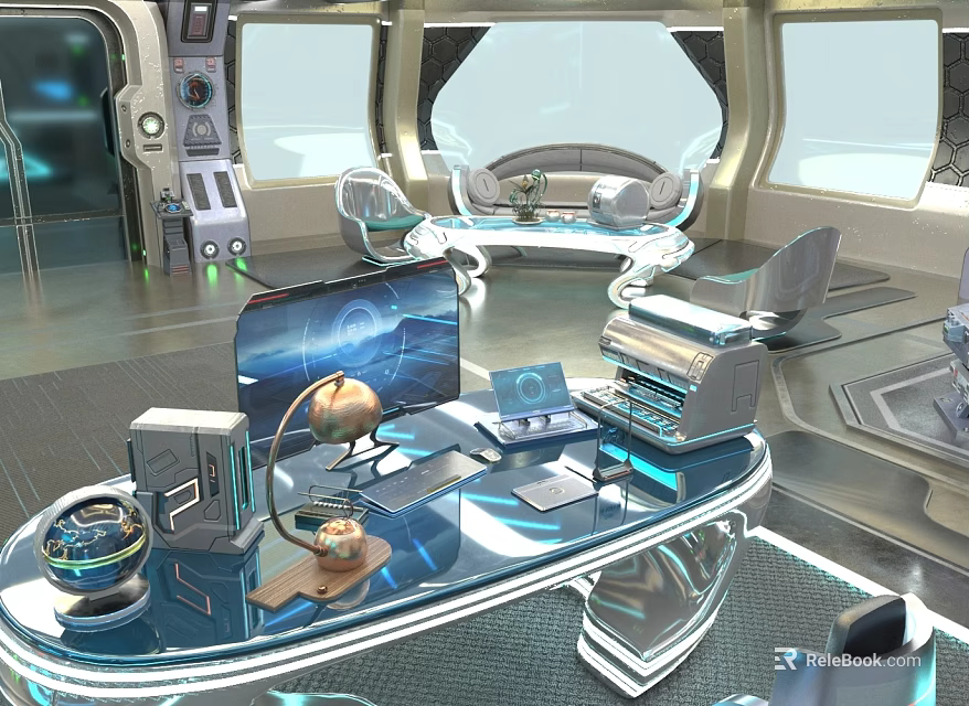 Futuristic Control Room Interior Design With Hi Tech Console Display Screens And Glass Top Desk 3d model 