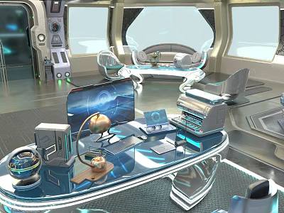 Futuristic Control Room Interior Design With Hi Tech Console Display Screens And Glass Top Desk 3d model