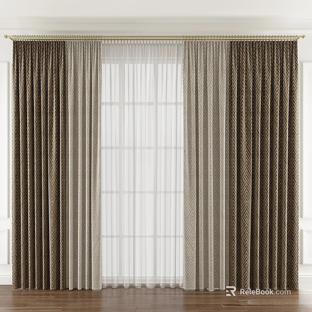 Elegant Brown Textured Curtains With White Sheer Panels For Window Decoration 3d model 