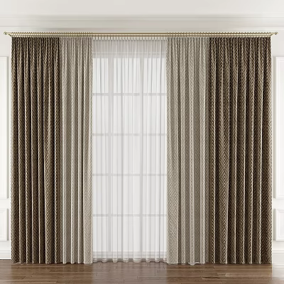 Elegant Brown Textured Curtains With White Sheer Panels For Window Decoration 3d model