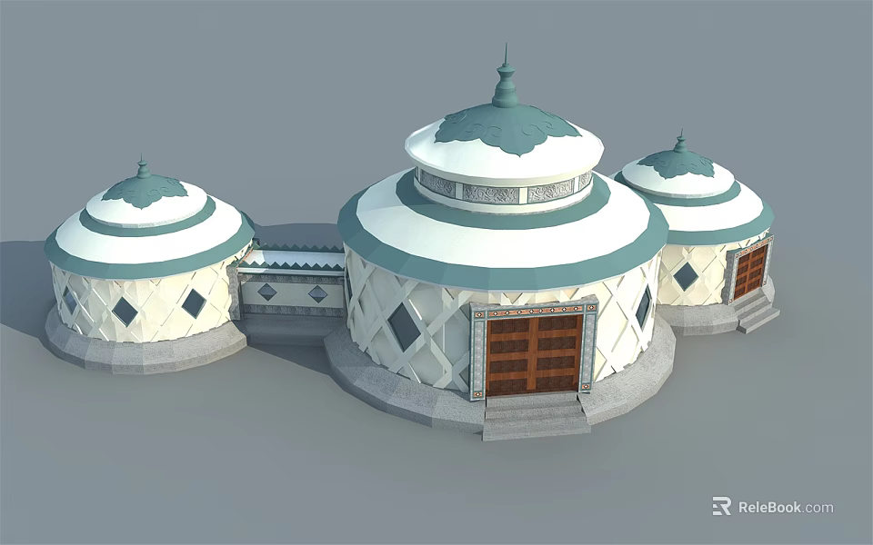 Traditional Yurts With White Blue Exteriors Diamond Patterns Wooden Doors And Stone Bases 3d model 