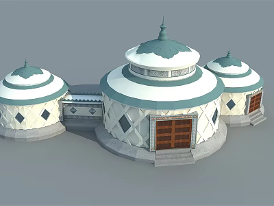 Traditional Yurts With White Blue Exteriors Diamond Patterns Wooden Doors And Stone Bases 3d model