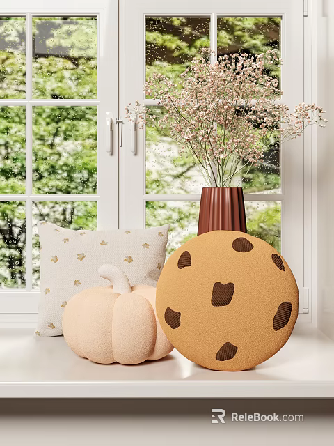 Cute Soft Plush Decorative Cookie Shaped Brown And Beige With Small Yellow Patterns Pillows 3d model