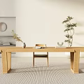 Modern Wooden Dining Table with Chairs Black Cushions Vase Magazines and Fruit Plate