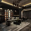 Elegant Private Room Interior With Wine Rack Sofa And Modern Chandelier Design