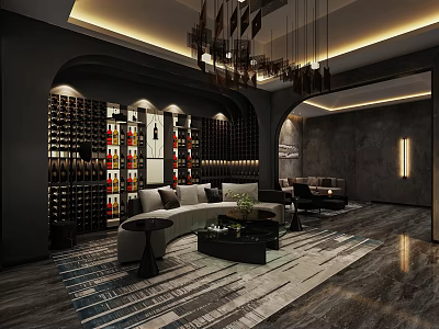 Elegant Private Room Interior With Wine Rack Sofa And Modern Chandelier Design 3d model