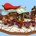 Cartoon Market Stall With Big Red Chili Pepper Striped Awning Jars Wooden Barrels And Spices